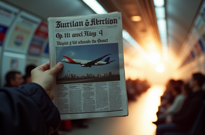 A person holds a newspaper with a photo of a flying airplane inside a subway train at sunset.