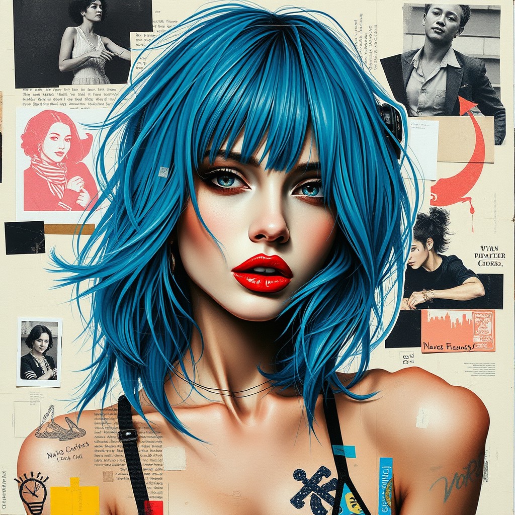 A woman with striking blue hair poses against a collage background featuring various portraits and designs.