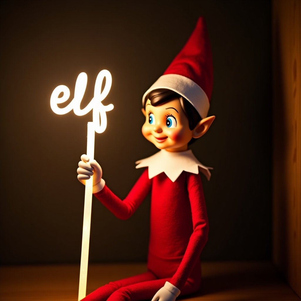 Elf on the shelf character dressed in red and white attire. Elf holds a glow stick forming the name 'Great elf escape'.