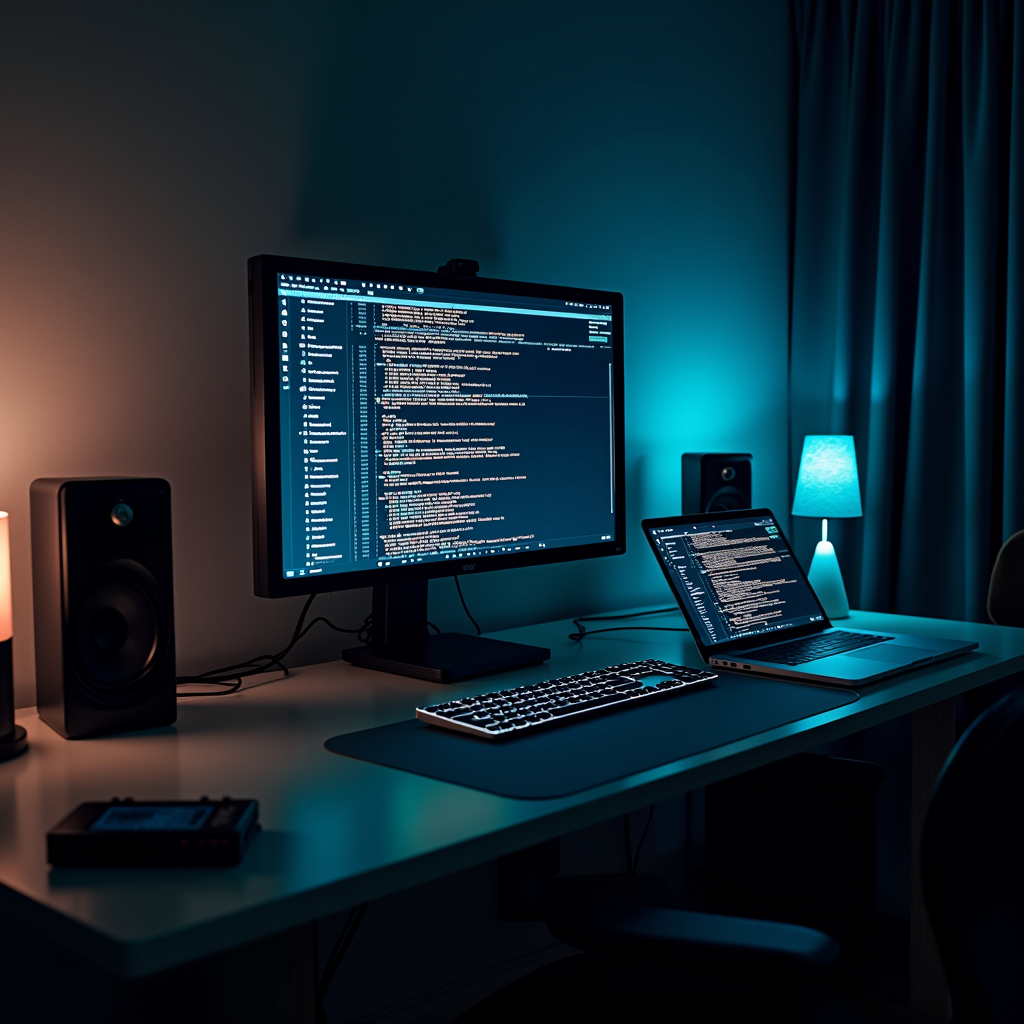 A dimly lit workspace with dual monitors displaying code, illuminated by soft blue and orange lights, creating a calming tech environment.