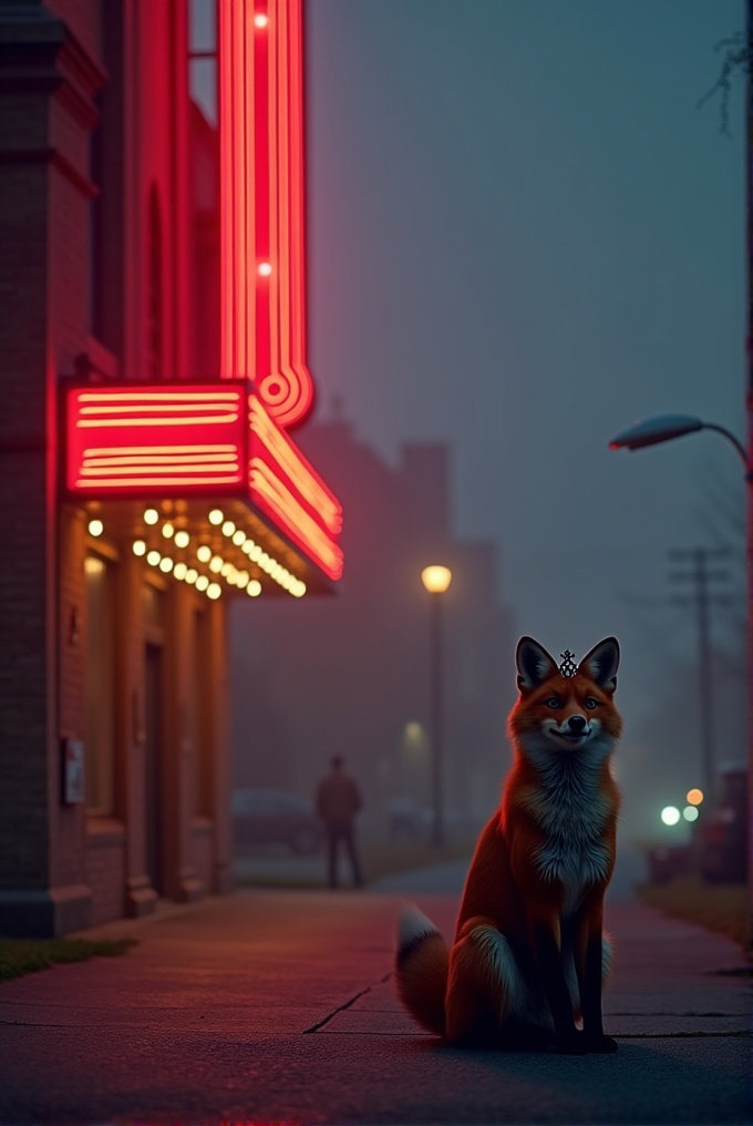 A fox sits on the sidewalk at night, illuminated by the red neon lights of a nearby building.