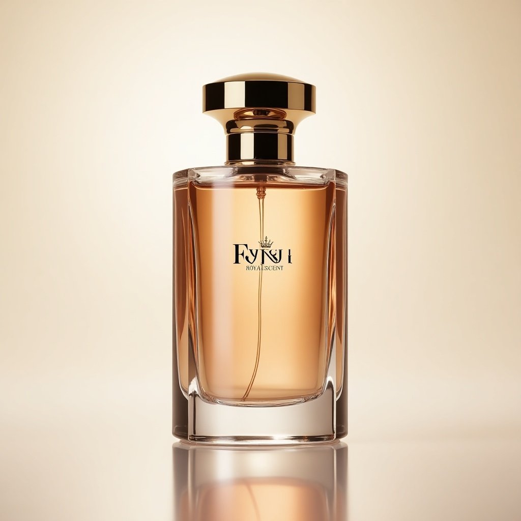 Elegant perfume bottle design features gold accents and minimalist label for brand Royalscent. Bottle is clear showcasing amber liquid inside.