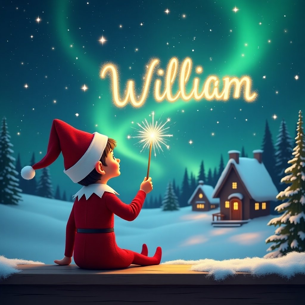 Elf with a sparkling wand gazing at magical sky. The elf dressed in red holds the wand as it writes 'William' in the starry sky. Background shows snowy landscape with houses and evergreen trees under Northern Lights. Captures essence of childhood magic and Christmas cheer.