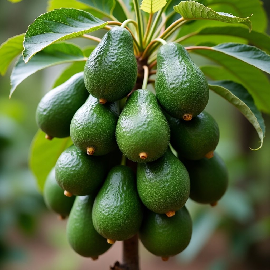 Dwarf avocado tree with numerous green avocados hanging from it.