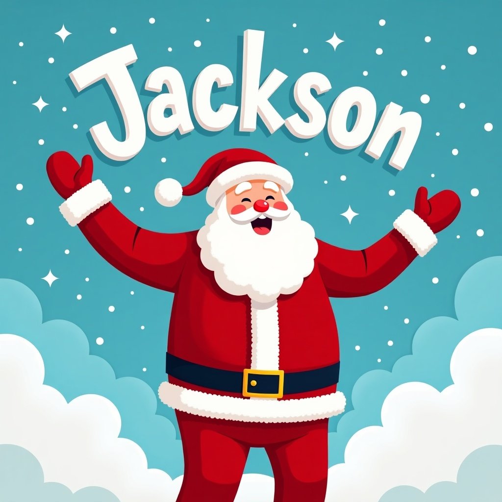 Cheerful image of Santa Claus against a bright blue sky with fluffy clouds. Santa joyfully raises his arms. Above him is the name 'Jackson' in large, playful letters. Snowflakes fall around him.