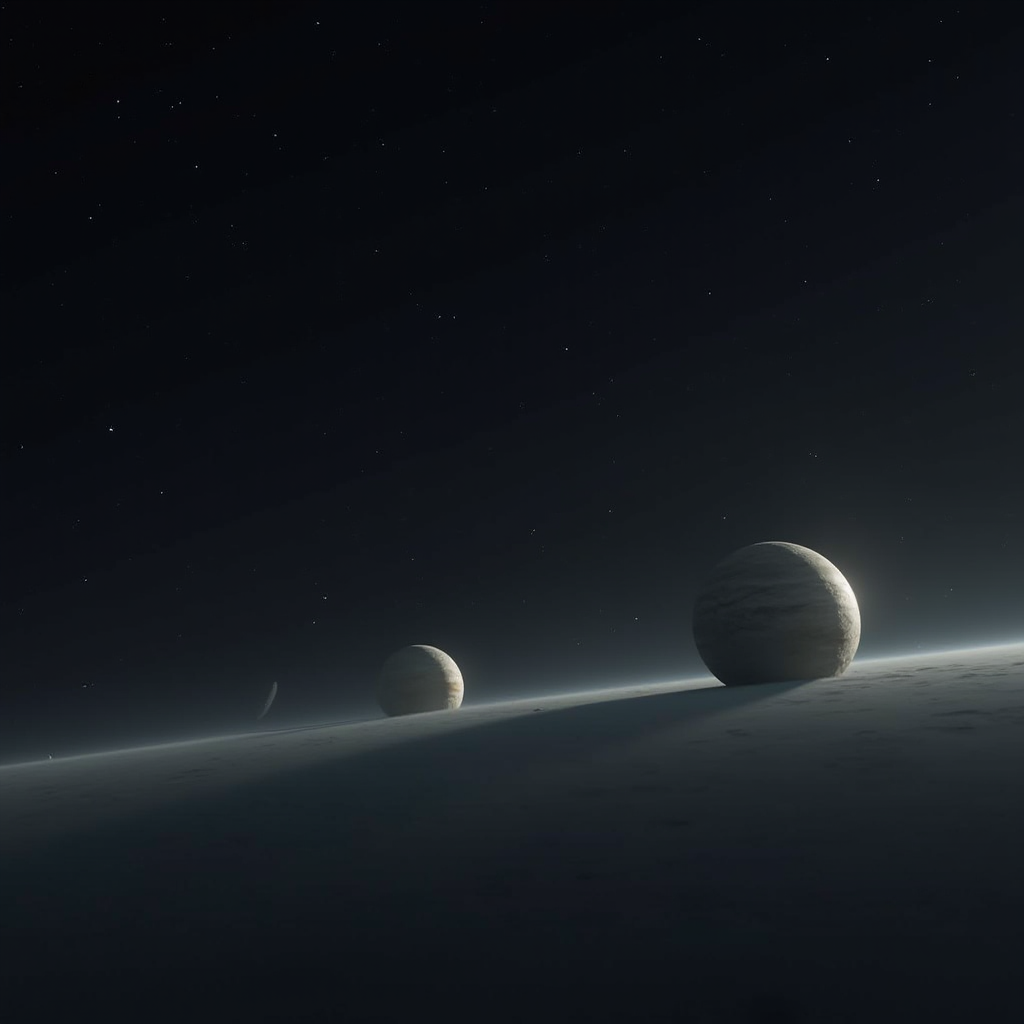 A serene space scene with two planets rising over a crescent horizon, under a starry night sky.