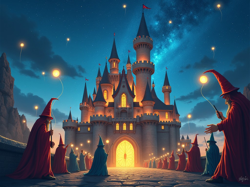 The image depicts a majestic castle at night, surrounded by a starry sky. A warm glow emanates from within the castle, inviting viewers in. Tall towers and turrets dominate the skyline, giving it a fairy-tale appearance. In the foreground, hooded figures dressed in robes gather, holding glowing orbs. The scene evokes a sense of wonder and magic, suggesting a gathering for a mystical event. Shadows play across the cobblestone path, enhancing the enchanting atmosphere.