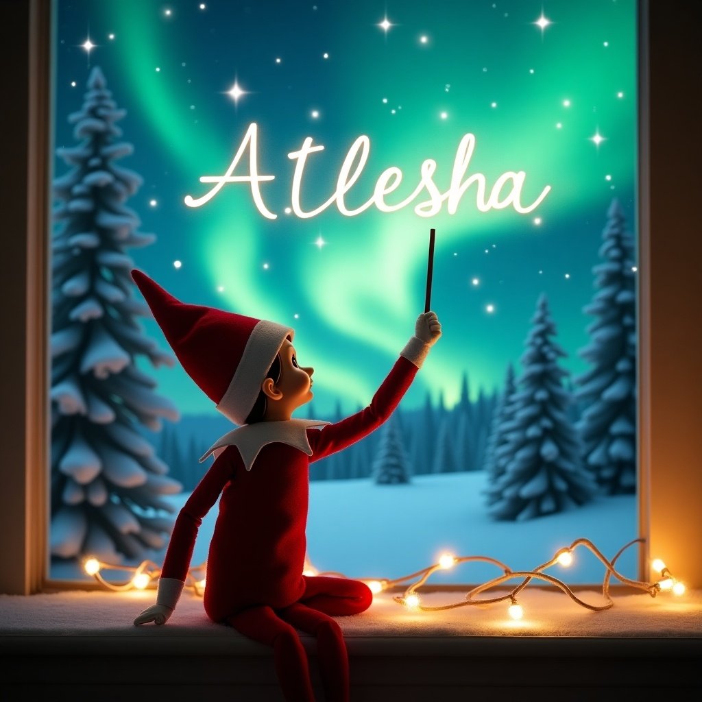 The image depicts an elf on a shelf with its back to the viewer, facing the enchanting northern lights. The elf is dressed in a classic red outfit and hat. It is holding a magic wand, gracefully writing the name Alesha in the sky. The background showcases a magical Christmas atmosphere with snow-covered trees and twinkling stars. Soft, glowing lights enhance the whimsical feel of the scene. The elf appears to be engaged in a festive activity, embodying the spirit of Christmas cheer.