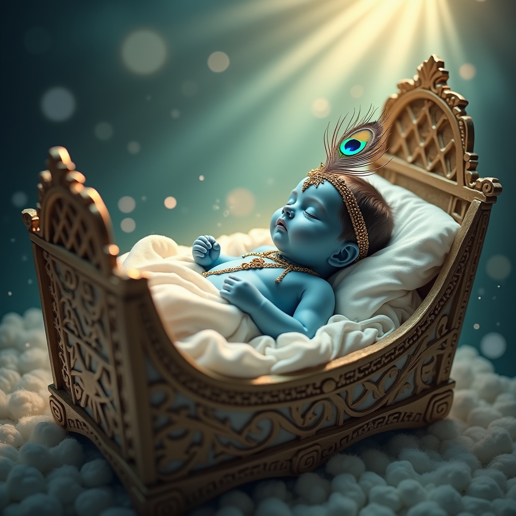 The image shows a serene depiction of a baby in an ornate cradle. The baby has a blue complexion and is adorned traditionally with a peacock feather crown. The cradle is elaborately decorated. Soft light creates a tranquil setting.