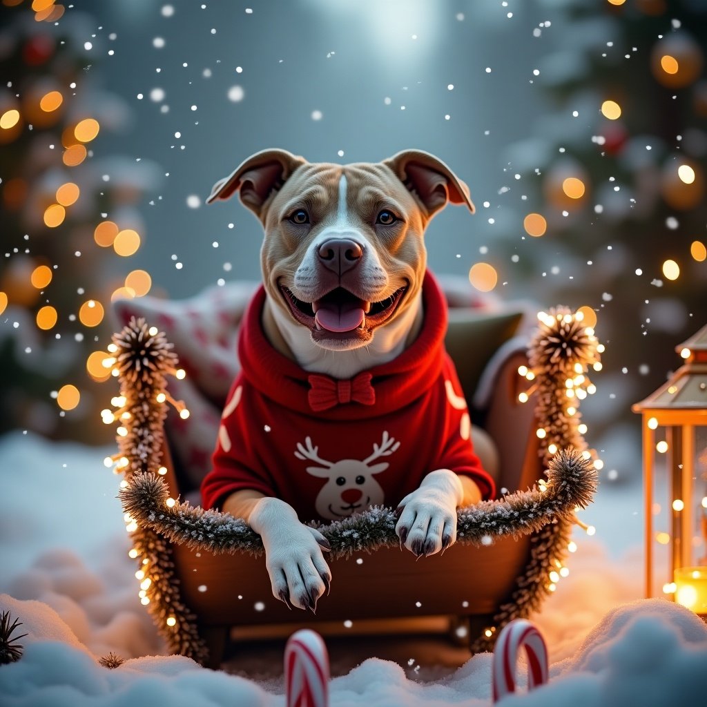 A smiling pitbull in a sleigh with fairy lights. The dog wears a reindeer-themed sweater and a red bow. Snow falls in a snowy forest with ornaments and candy canes.