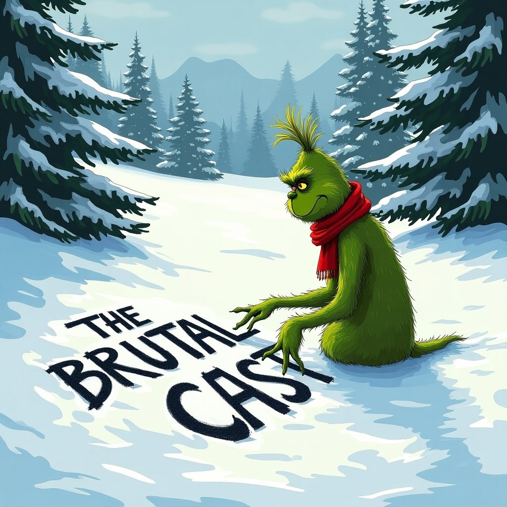 The Grinch is inscribing The BRUTAL CAST on the snow. The setting features snow-covered hills and evergreen trees. The Grinch is bright green and wears a red scarf.