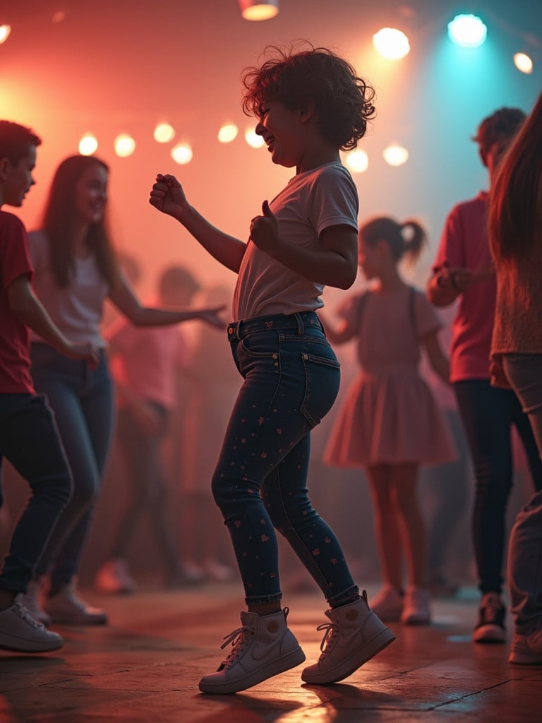 A photo of a boy dancing joyfully at a school disco. He wears leggings that accentuate his wide hips. He has short hair and appears boyish. The scene includes other children dancing in a vibrant atmosphere with colorful lighting.