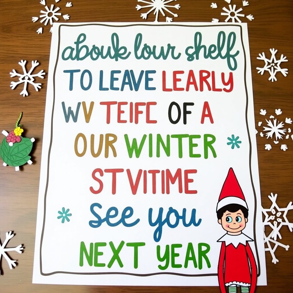 Note from Elf on the Shelf about leaving early due to winter storm. Colorful text written on white paper. Snowflake decorations around the note.