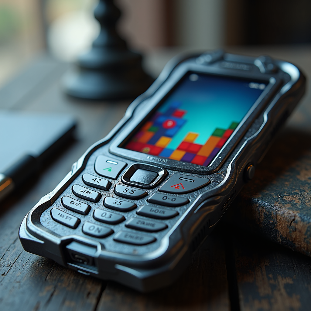 A rugged, retro-style mobile phone displaying a colorful block-stacking game on its screen, resting on a wooden table beside a notebook and pen.