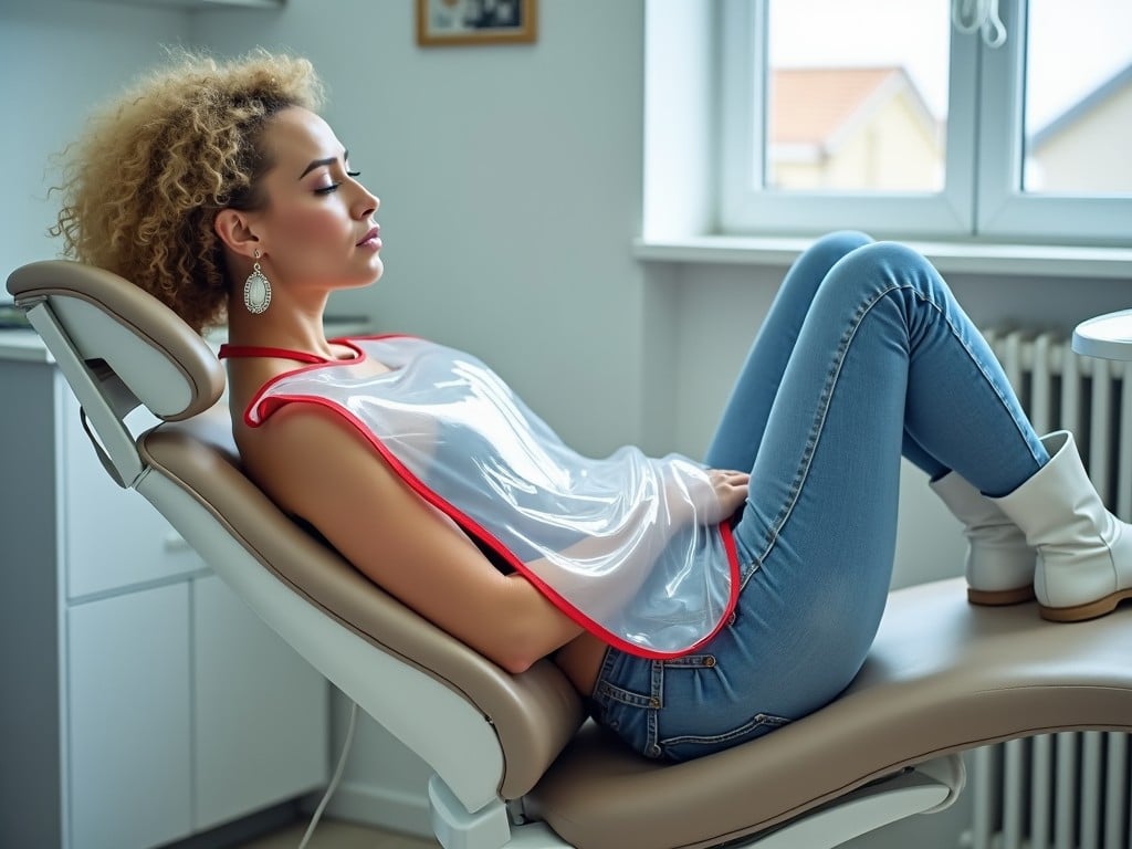 In a bright dental clinic, a young woman with blonde curly hair is seen relaxing in a dentist chair. She wears a stylish tank top and tight blue jeans, paired with fashionable white boots. A large clear PVC mealtime bib with red edges covers her, extending down to her knees. The atmosphere is calm, illuminated by natural light streaming in through the window. The woman appears comfortable and at ease as she prepares for her dental visit.