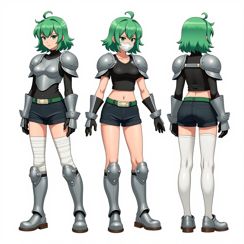 Anime mercenary tomboy design with green hair. Character features metal armor, black shirt, short jeans, and a bandaged mask. Presented in three views: front, side, back.