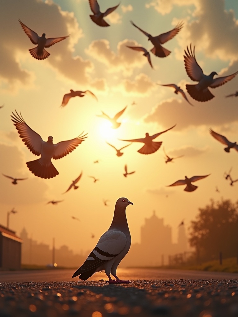 Cinematic shot of a single pigeon standing on the ground with multiple pigeons flying into the sky during sunset. The warm glow casts a beautiful light over the scene. The background features a soft focus of urban architecture. The image captures the essence of freedom and the conclusion of a journey.