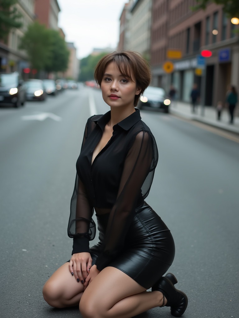 A woman with a short haircut kneels on an empty city street. She wears a sheer black blouse and a black leather skirt. The background is softly out of focus. Natural light creates a flattering tone.