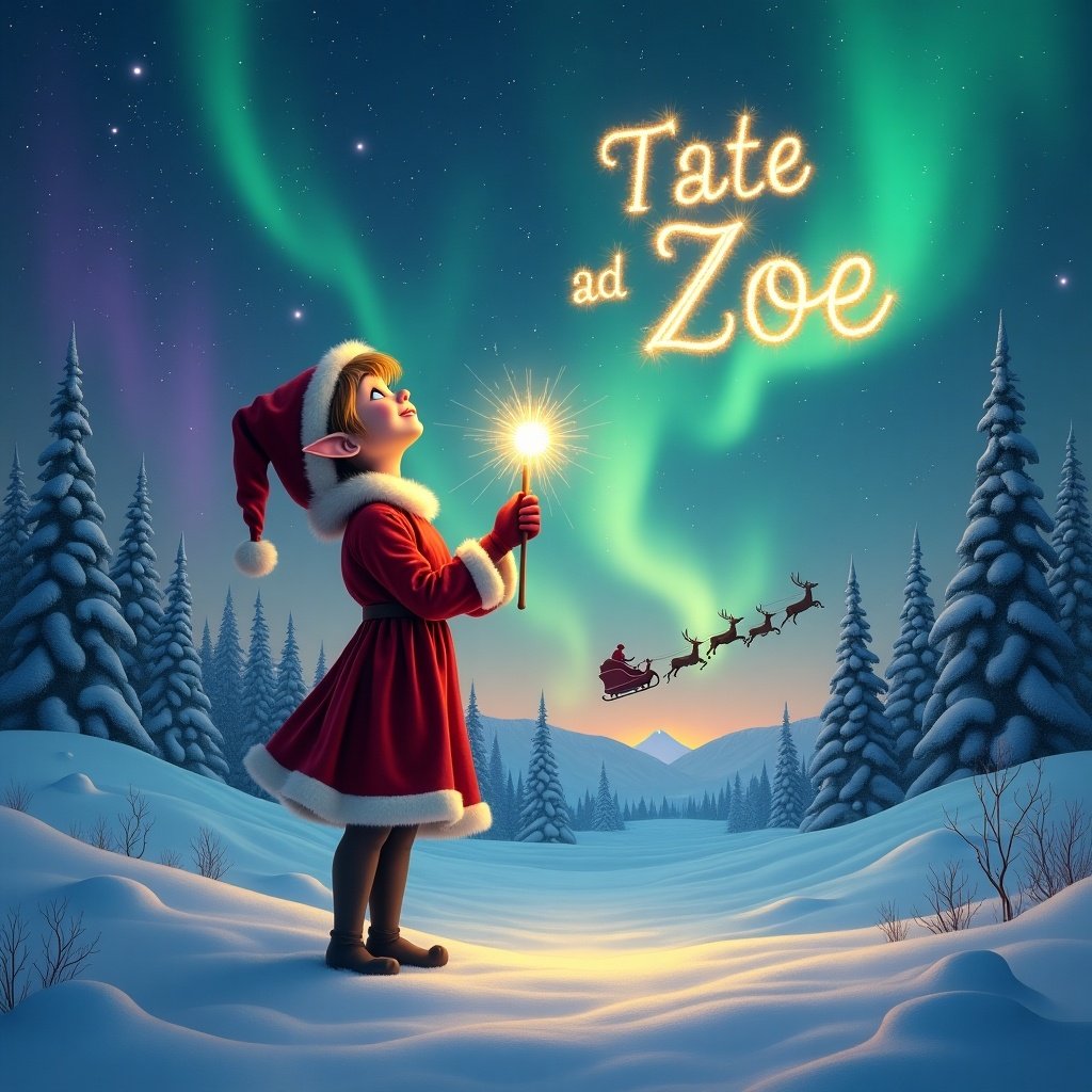 Elf holding a wand in a magical Christmas setting. Northern lights illuminate the sky. Santa can be seen in the background. The names Tate and Zoe are written in the sky. The atmosphere feels whimsical and festive.