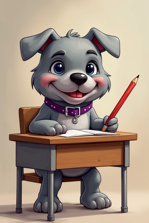 Cheerful cartoon airbrushed gray bulldog with purple collar sitting in a desk in a classroom holding a pencil.