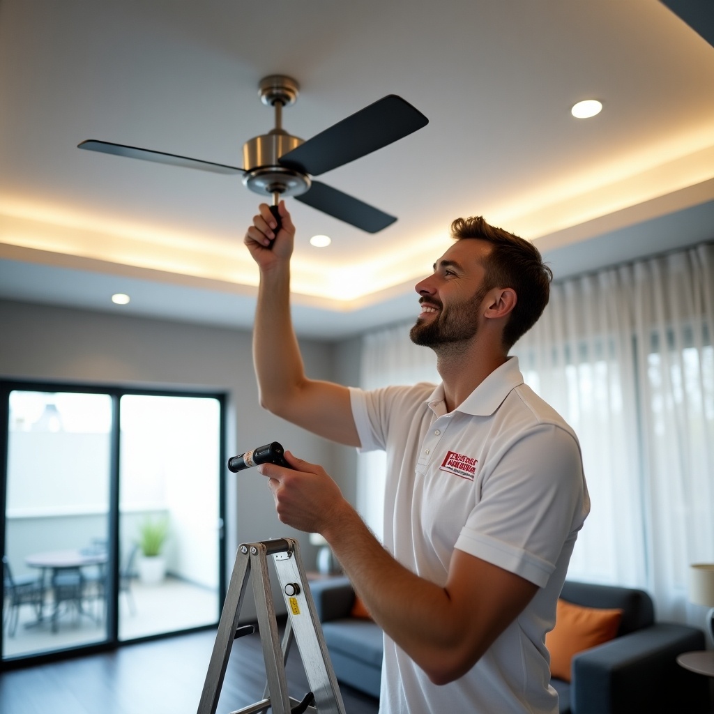 Middle-aged man in white polo shirt climbs ladder in modern living room. Holds screwdriver while adjusting silver ceiling fan. Room has light gray walls and dark wooden floor. Features minimalist furniture and ambient light from large window. Warm glow from recessed lights. The man appears focused and satisfied after turning on fan.