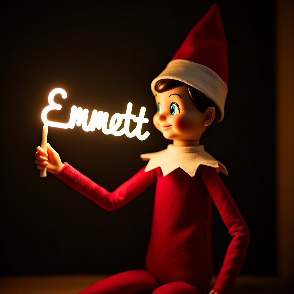 This image features a charming elf on the shelf character dressed in traditional red and white attire. The elf is holding a glow stick that creatively forms the name 'Emmett' in bright, soft light. Set against a dark background, the glow enhances the festive ambiance. This setup evokes feelings of magic and cheer commonly associated with the holiday season. The scene captures the joy of Christmas and adds a whimsical touch to festive celebrations.