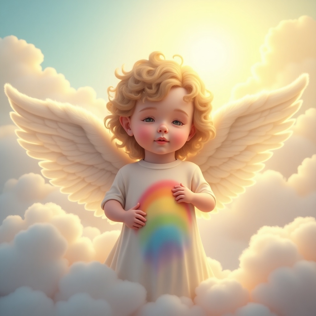 A cherubic baby boy angel stands amidst fluffy clouds, gently cradling a rainbow atop his dress. His curly hair glows in soft, warm sunlight. The atmosphere is filled with a sense of peace and joy. The angel has delicate wings that shimmer against the cloud backdrop. This image captures the essence of childhood innocence and heavenly charm.