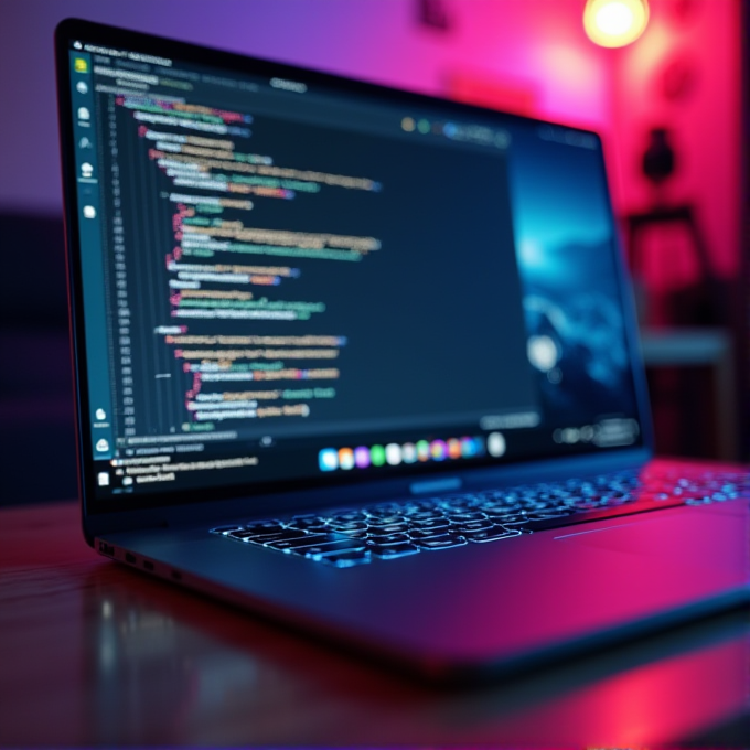 A sleek laptop displaying code against a vibrant background with pink and blue neon lighting.