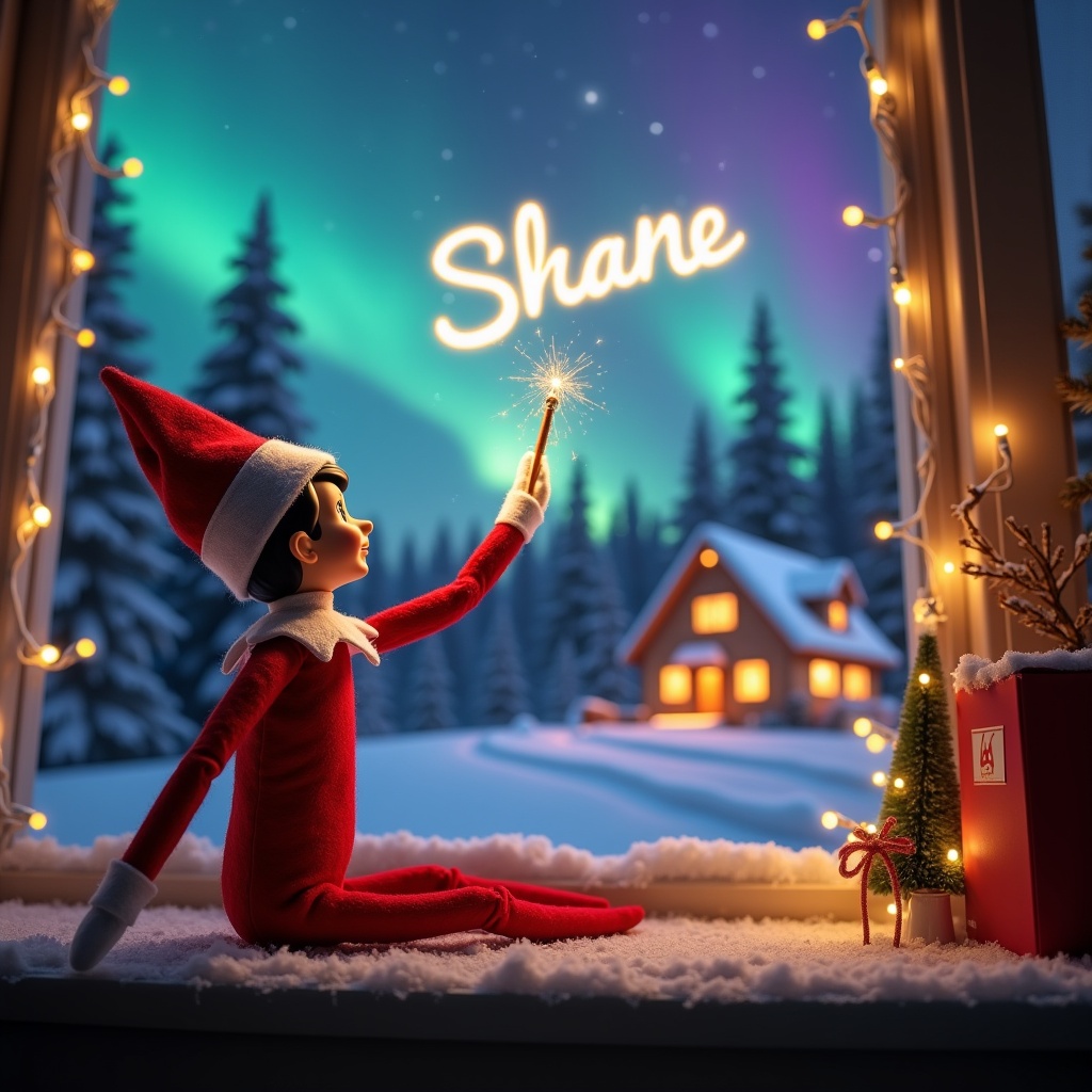 An elf on the shelf sits with its back to the viewer, gazing skyward. It holds a glowing wand that emits sparkling light. The background showcases a charming Christmas scene with colorful northern lights swirling above. In the distance, a cozy house can be seen, decorated for the holidays. Snow covers the ground, adding to the winter atmosphere. The elf is in a playful position, embodying the spirit of magic and wonder associated with Christmas.