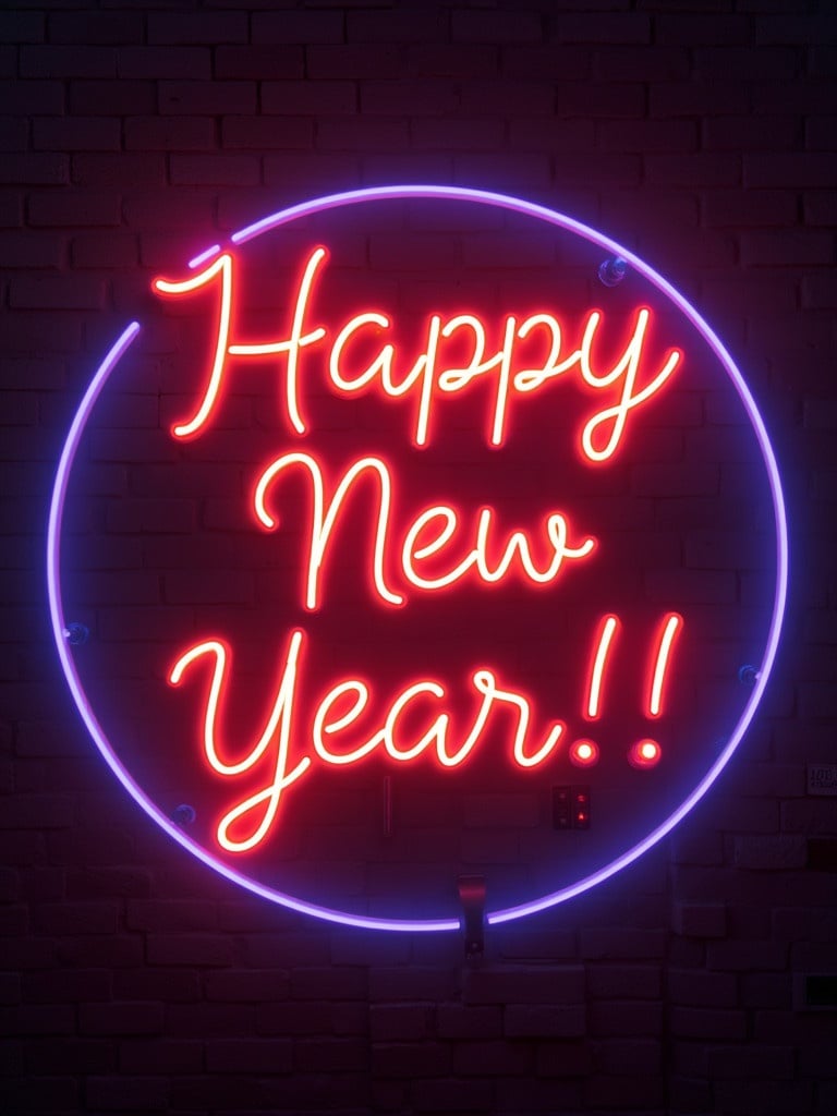 Neon lights in dark background feature the phrase Happy New Year with exclamation marks. The sign has a circular design. Bright colors create a festive atmosphere.