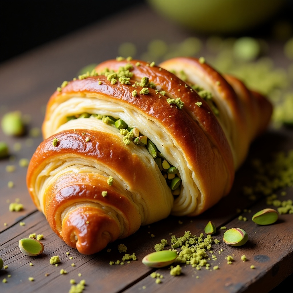 This image features a freshly baked pistachio croissant resting on a rustic wooden surface. The croissant is golden brown and flaky, with a vibrant green pistachio filling peeking out. Surrounding the croissant are crushed pistachios, adding a pop of color and texture. The lighting is soft and warm, enhancing the inviting appearance of this gourmet pastry. A blurred background suggests a cozy kitchen atmosphere, perfect for food lovers and bakers alike.