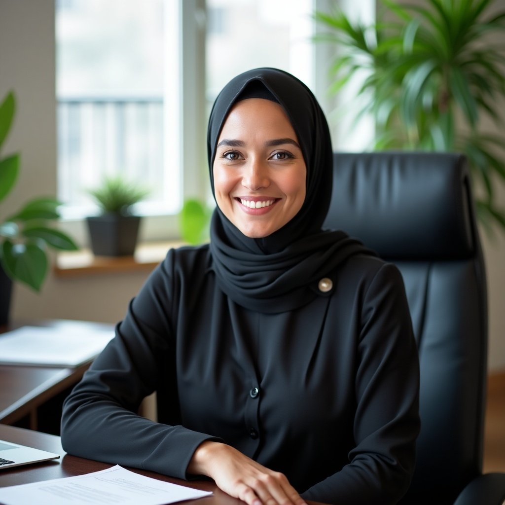 Professional woman in a hijab sitting in office chair. She has a warm smile and confident demeanor. Office has an organized desk and plants in the background. Image reflects modern business culture and diversity.