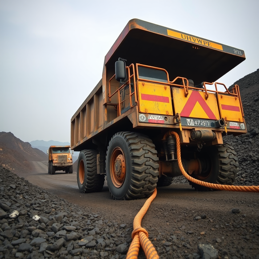 Two large, industrial mining trucks stand on a gravel path against rugged terrain, with a thick orange rope connecting them together.