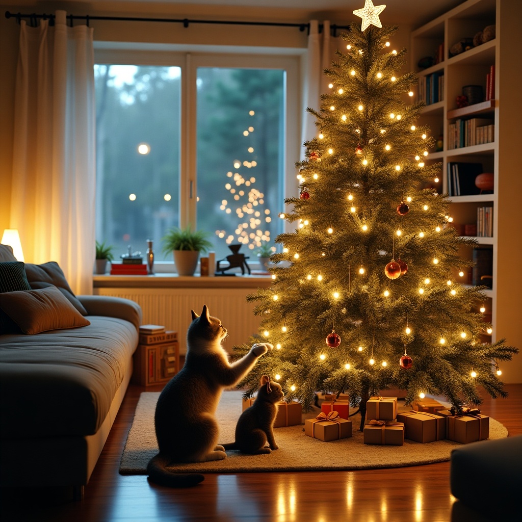 A futuristic home decorated for Christmas. The scene features a modern Christmas tree adorned with lights and ornaments. Two robot cats are interacting with the tree, adding a playful element. The room is cozy with soft furniture and warm lighting. There's a decorative text on the side saying 'Džiaugsmingų šventų Kalėdų', along with an informative note about the Christmas holiday. This setting captures the joy of the season in a stylish and technological manner.