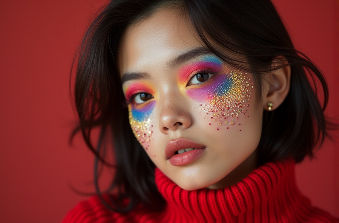 A woman with vibrant rainbow makeup and beaded decorations on her face wears a red sweater against a matching red background.