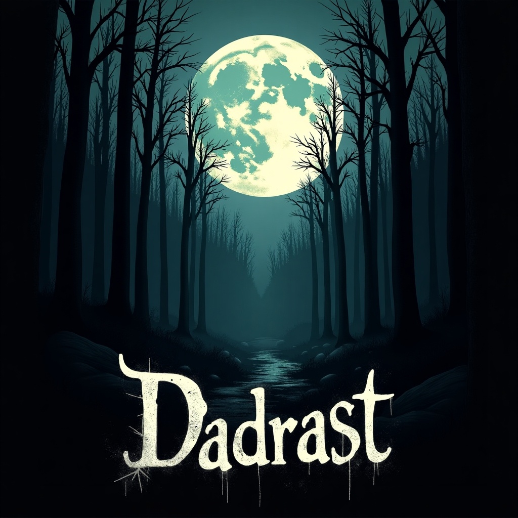 This image portrays a dark, moody scene set in a forest at night. The full moon hangs prominently in the sky, illuminating the surrounding trees. The silhouettes of spindly branches enhance the eerie atmosphere. At the bottom, the stylized text 'Dadrast' stands out against the darkness. The illustration captures the essence of horror, inviting viewers into a mysterious night-time setting.