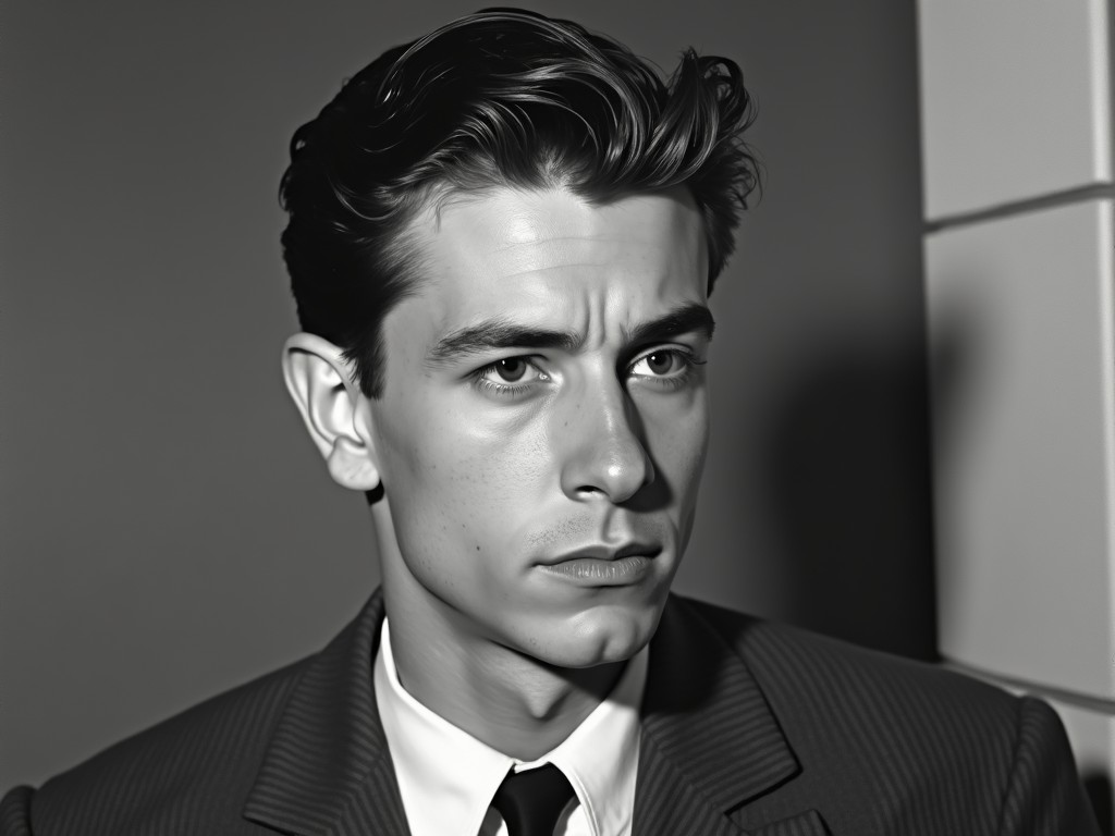 This image features a 17-year-old male mobster from the 1940s, captured in black and white photography. He has a handsome appearance with flawless features, high cheekbones, and a chiseled jawline. His hair is styled in wavy slick-back fashion, and he appears tall and skinny. The expression on his face reflects a cold demeanor, enhanced by heavy bags under his eyes which portray a sense of emotional detachment. The photograph suggests an intriguing character, fitting for a vintage gangster narrative.