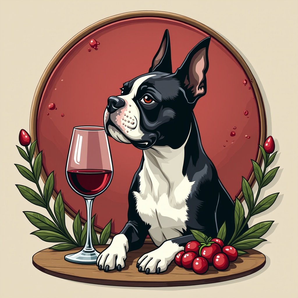 A Boston Terrier character with a wine glass and cherries around it. Styled like a coat of arms. Features bright colors and playful elements.