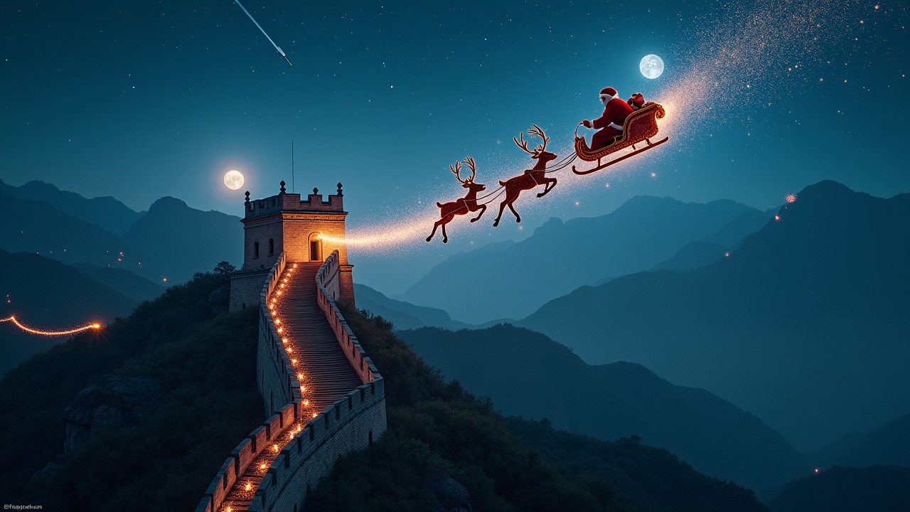 Magical atmosphere aerial shot depicts Santa flying on his sleigh over The Great Wall of China. Sparkling trail follows as he moves through a starry night sky. Scene captures a festive, holiday spirit.