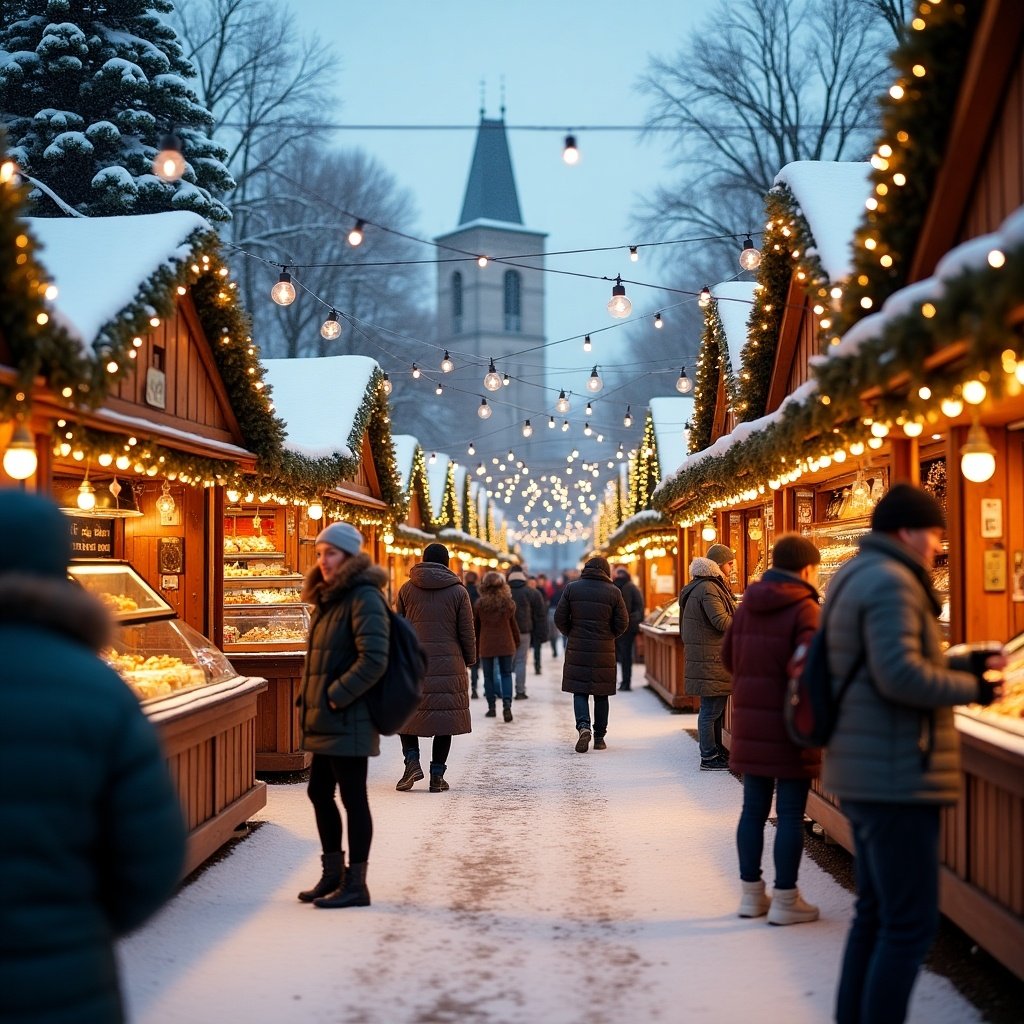 Christmas market in Germany with snow. Stalls decorated with lights. Visitors enjoying festive atmosphere.