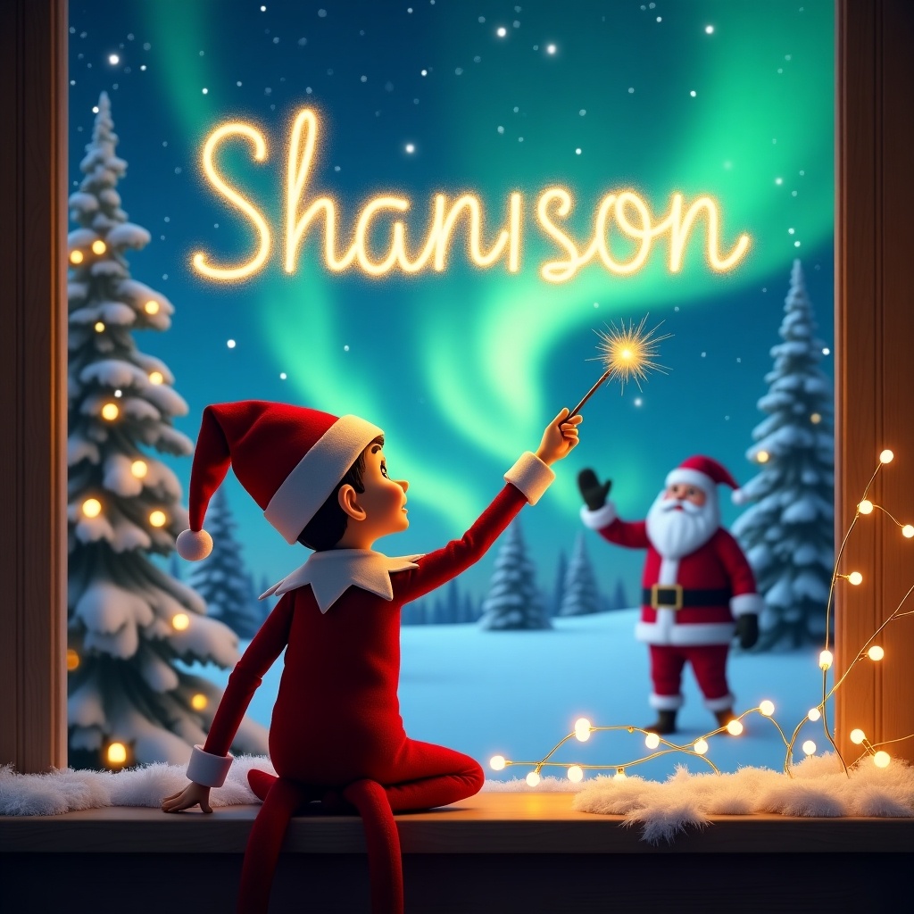 A magical Christmas scene featuring an elf on the shelf. The elf is facing the sky, using a wand to write the name 'Shanison' in the air with sparkling light. In the background, northern lights illuminate the night sky, enhancing the enchanting atmosphere. Santa Claus is visible, adding to the holiday charm. The setting includes snow-covered trees and twinkling lights, creating a joyful, festive mood. The elf's back is to the viewer, showcasing the whimsical act of writing in the sky.