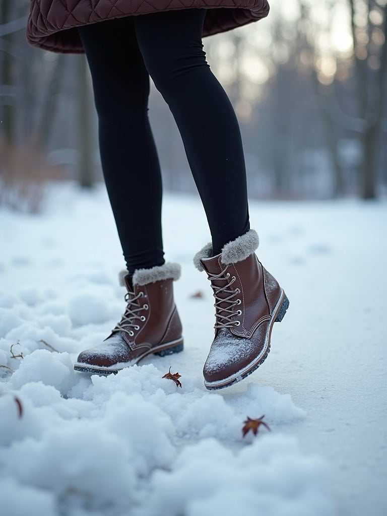 Feet dancing on snowy ground in brown winter boots. Background shows snow and trees in winter. The scene is illuminated by soft natural lighting.