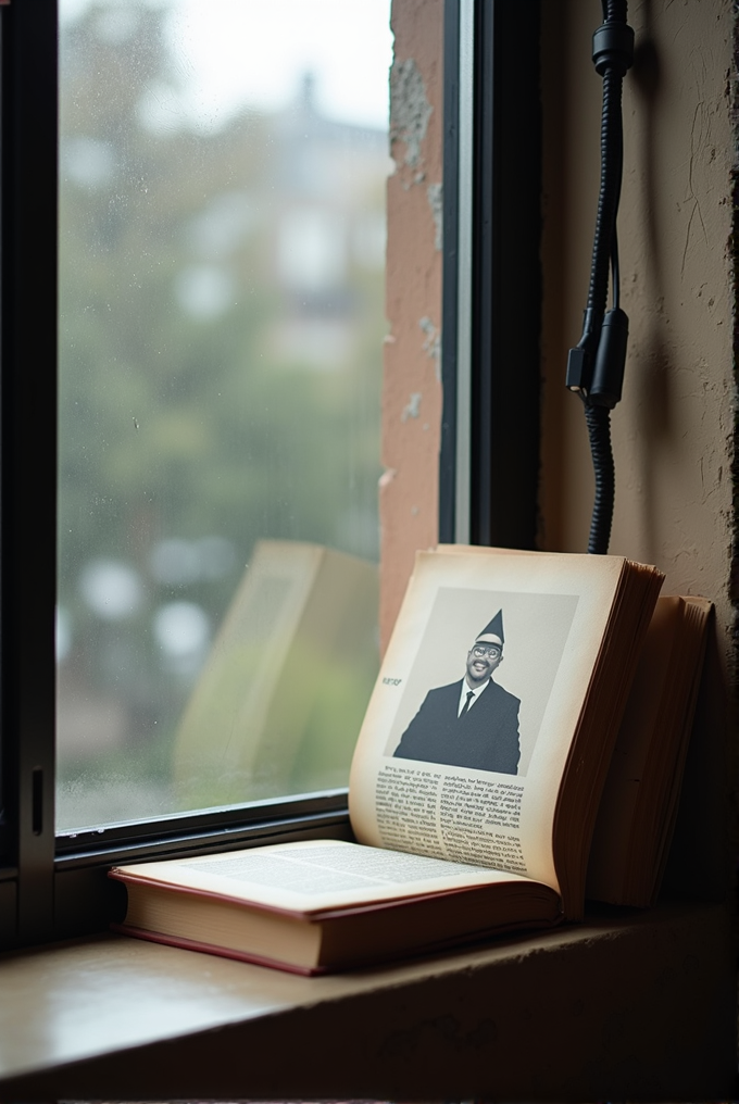 An open book with a photograph on one of its pages sits on a windowsill, overlooking a blurred, rainy view outside.