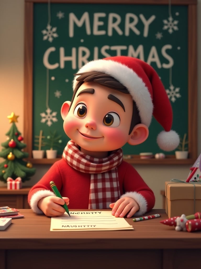 A cute animated man wearing a Santa hat and a scarf is sitting at a desk. He is writing on a naughty list. A chalkboard behind him says 'MERRY CHRISTMAS'. There are various toys and Christmas decorations in the background.