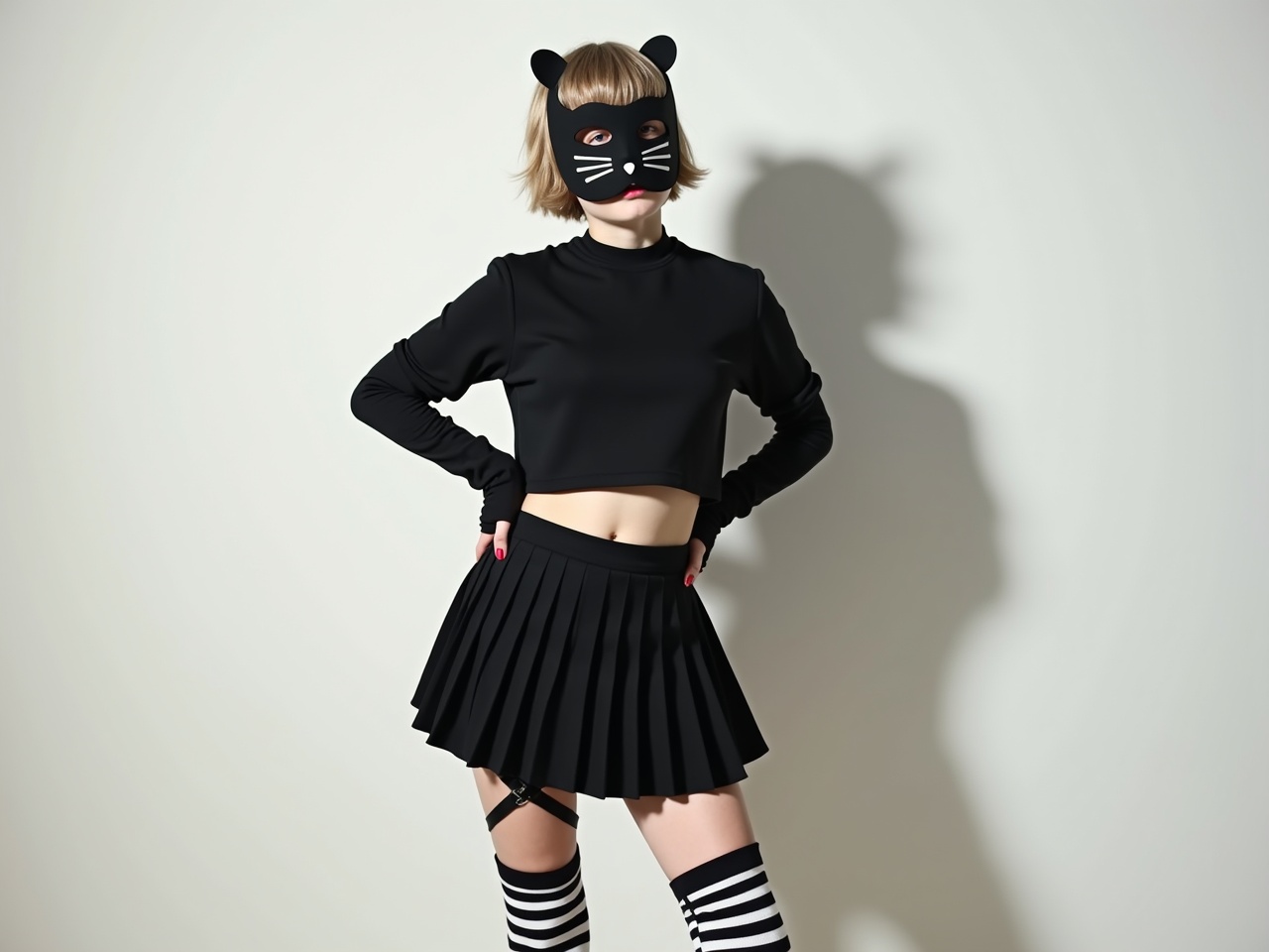 The image features an individual in a stylized outfit with edgy and playful elements. They are wearing a cropped black t-shirt and a flared black mini skirt that creates movement. Knee-high black and white striped socks and arm warmers add continuity to the look. The subject's short hair is partially hidden by a Kawaii Kaomoji Face Mask, emphasizing their playful character. Their confident pose, with one hand on their hip, showcases the combination of fashion and self-expression. The plain light background enhances the focus on the outfit and personality of the subject, creating a strong visual impact. The overall atmosphere resonates with contemporary fashion trends.