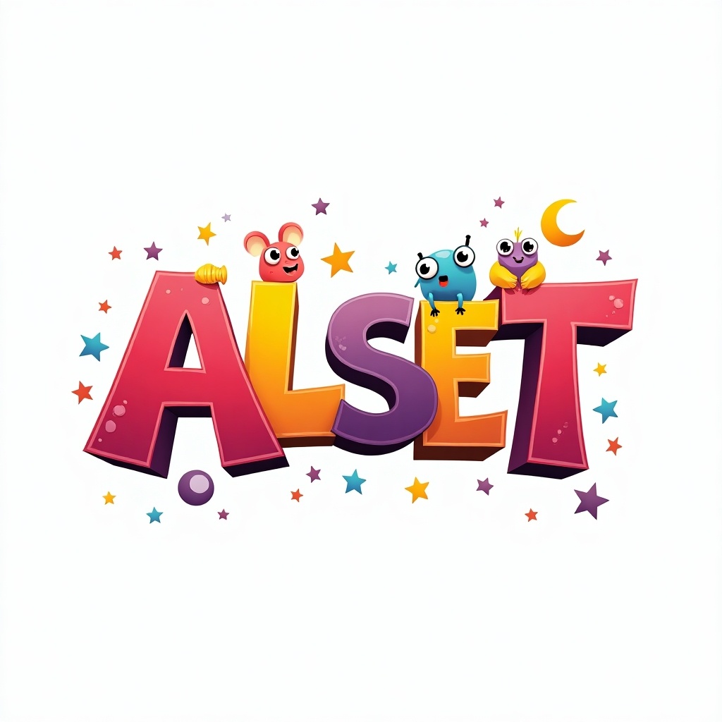 Logo designed for a 3D kids movie titled ALSET. Features colorful 3D letters with animated characters.