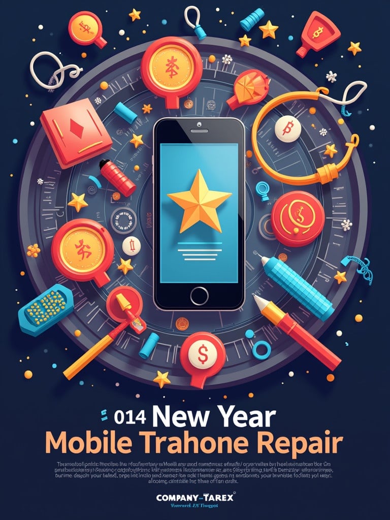 New Year celebration theme. Poster design for a mobile phone repair service. Illustrates various repair tools and icons around a smartphone. Features bright colors and festive elements. Company name BFix prominently displayed.