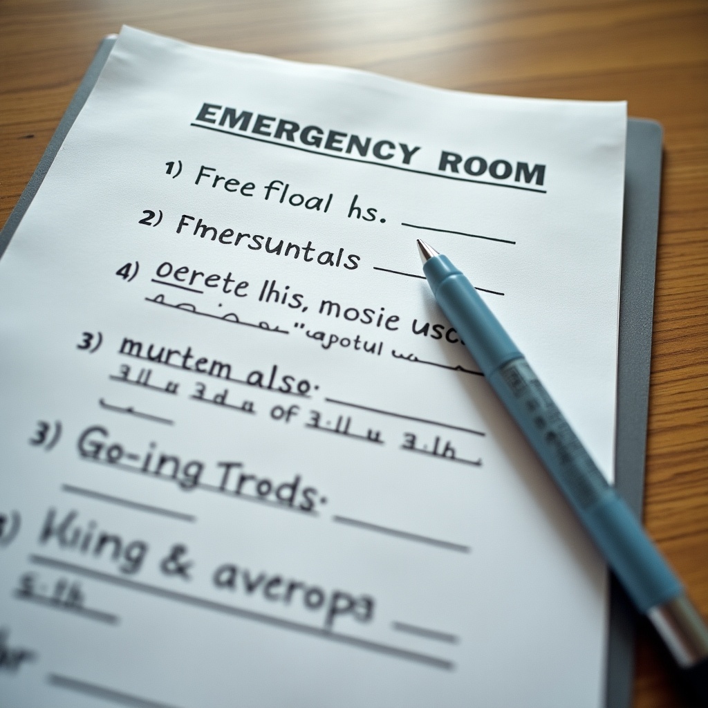 Paperwork related to emergency room services. Includes checklist items and initiated fields. A pen rests beside the forms. The setup on a wooden workspace.