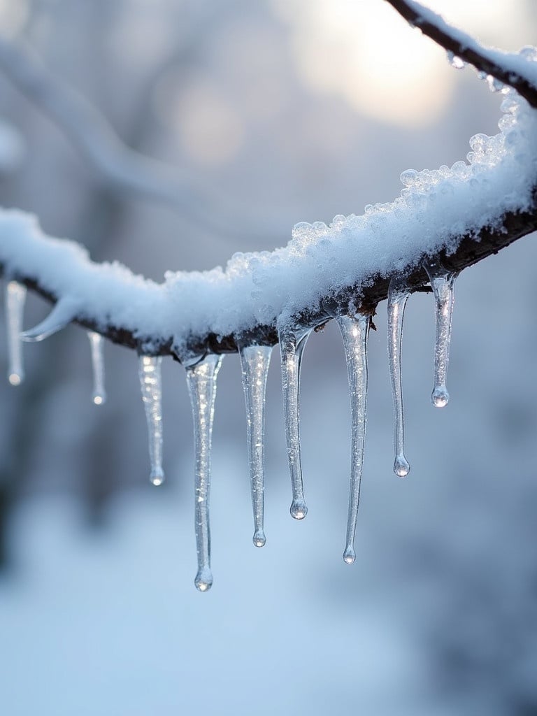 Close-up view of a tree branch covered in ice. Crystal-clear icicles hang from the branch. Background is blurred to highlight ice details. Conveys calmness of winter.