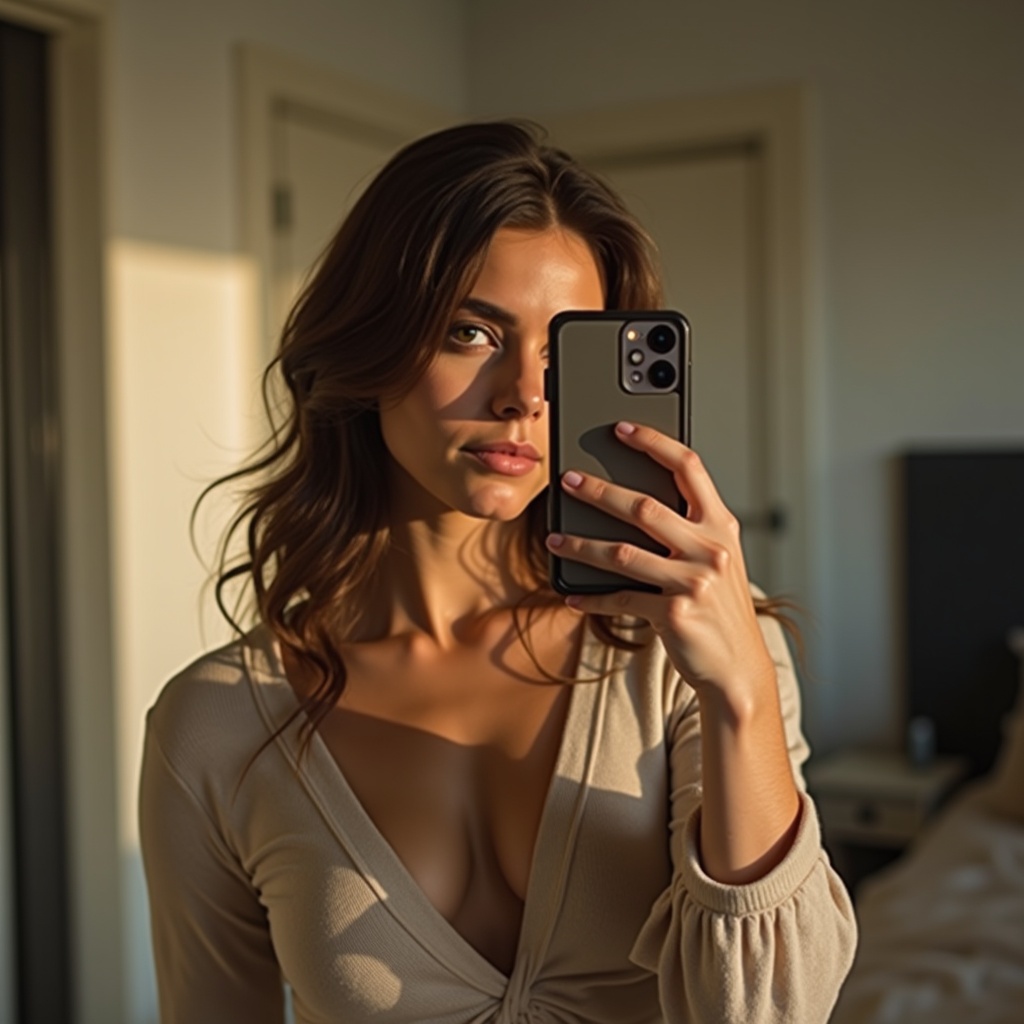 A woman is taking a mirror selfie in a softly lit room. The atmosphere is warm and inviting with a cozy aesthetic.